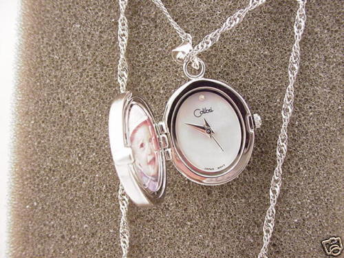 COLIBRI SILVERTONE MOP PENDANT LOCKET WATCH DIAMOND NEW  