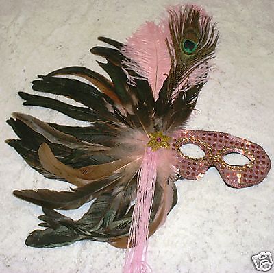 LT PINK FEATHER PEACOCK MASQUERADE MARDI GRAS MASK NEW  