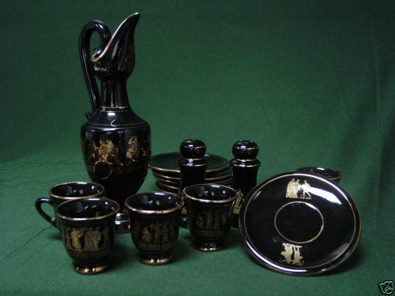 24 Karat Gold Greek Cobalt Coffee Tea Set   Vintage  