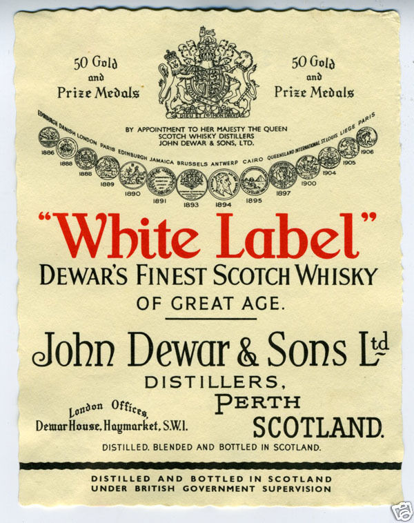 1950s John Dewar White Label Scotch Whisky Label  