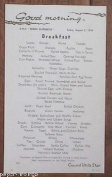 Cunard White Star QUEEN ELIZABETH 1949 Ship Menu  