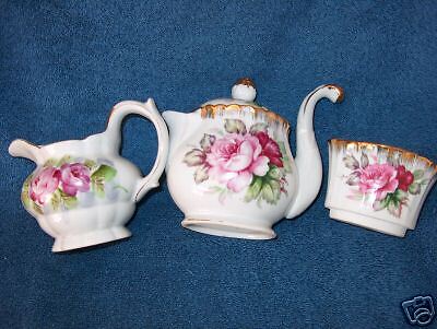 1930s UCAGCO SUGAR, CREAMER, & TEAPOT ROSE PATTERN  