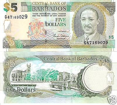 BARBADOS 5 Dollar Banknote World Money UNC Currency New  