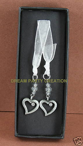 Pewter Metal Hearts Organza Ribbon Bookmark Crystals