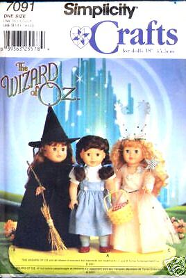 SIMPLICITY 7091 OOP Wizard of Oz for 18 Doll Pattern  