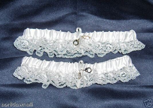 WEDDING GARTERS WITH HANDCUFF CHARM POLICE CUSTOM MADE  