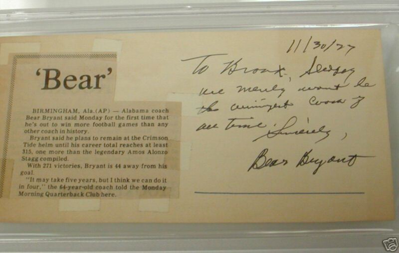 Paul Bear Bryant, Alabama Football , PSA Autograph  