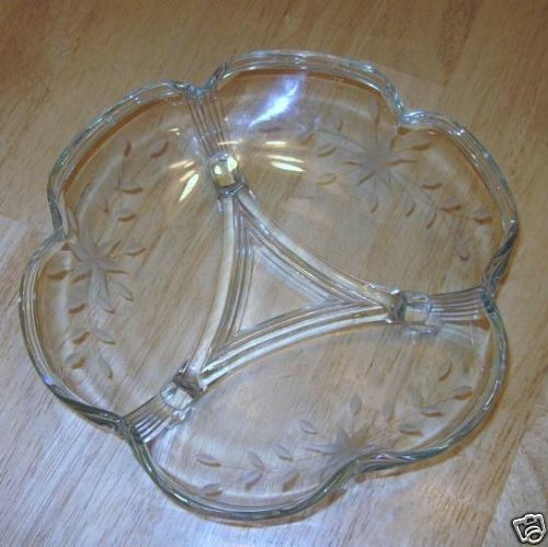 Vintage Etched Glass Elegant 3 Footed Serving Bowl  