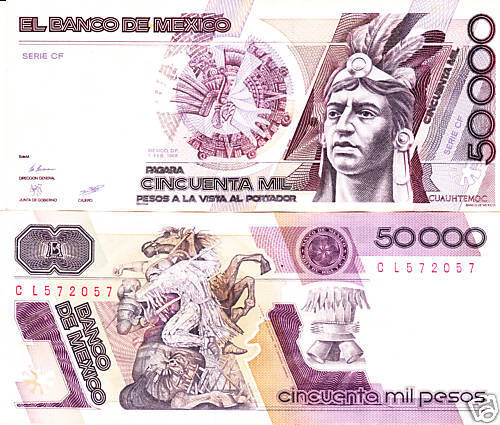 Mexico $ 50,000 Pesos Cuauhtemoc May 12, 1986 CL572057.  